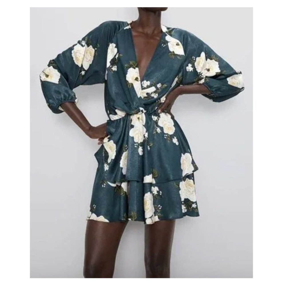 ZARA BlackFloral Wrap Kimono Layered & TieredDress 3/4 Balloon Sleeve, Size m
